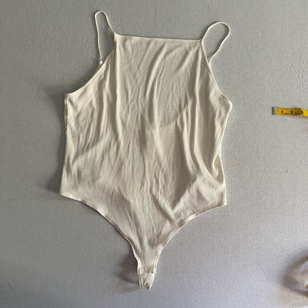 H&M Womens XXL Ivory Ribbed Thong Bodysuit Square Neck Spaghetti Strap
